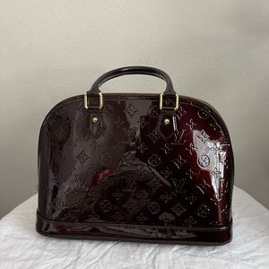 Wine Burgundy Deep Red Gold Patent Leather Bowling Ball Handbag Purse